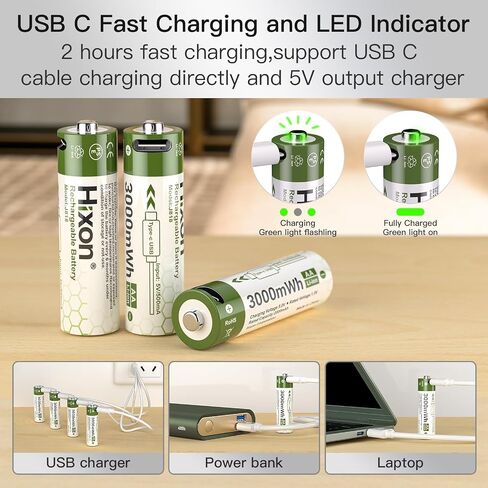 Hixon 1.5V USB Rechargeable Lithium Batteries AA Size,3000mWh Double AA Rechargeable Battery,Charges 1.5 Hours, Over 1000 Cycles, 4-in-1 USB-A to USB-C Charging Cable, LED Charge Indicator, 8-Pack in Saudi Arabia