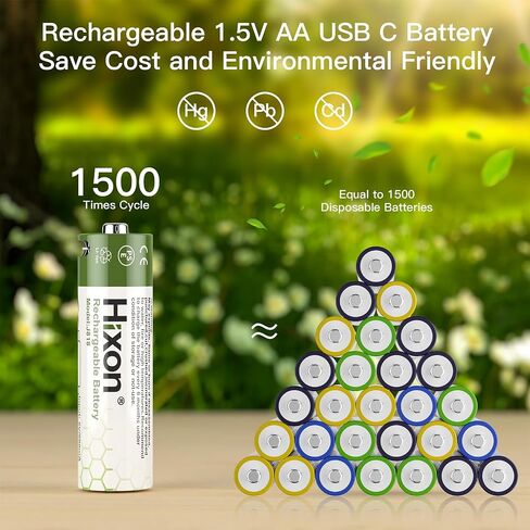 Hixon 1.5V USB Rechargeable Lithium Batteries AA Size,3000mWh Double AA Rechargeable Battery,Charges 1.5 Hours, Over 1000 Cycles, 4-in-1 USB-A to USB-C Charging Cable, LED Charge Indicator, 8-Pack in Saudi Arabia