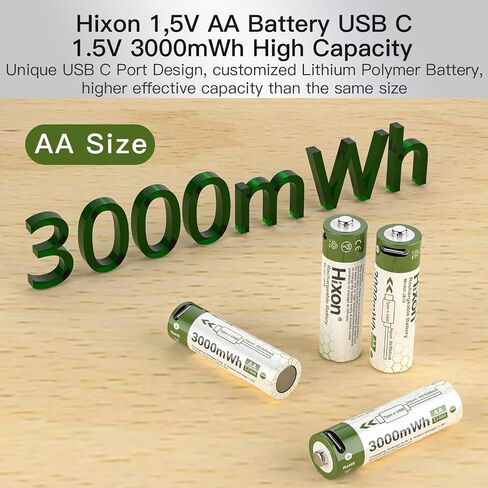 Hixon 1.5V USB Rechargeable Lithium Batteries AA Size,3000mWh Double AA Rechargeable Battery,Charges 1.5 Hours, Over 1000 Cycles, 4-in-1 USB-A to USB-C Charging Cable, LED Charge Indicator, 8-Pack in Saudi Arabia