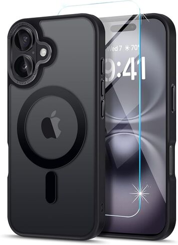 Strong Magnetic for iPhone 16 Plus Case, [Compatible with MagSafe] [with 1X Screen Protector] Military-Grade Protection, Translucent Matte Back Phone Cover for iPhone 16 Plus, Black in Saudi Arabia