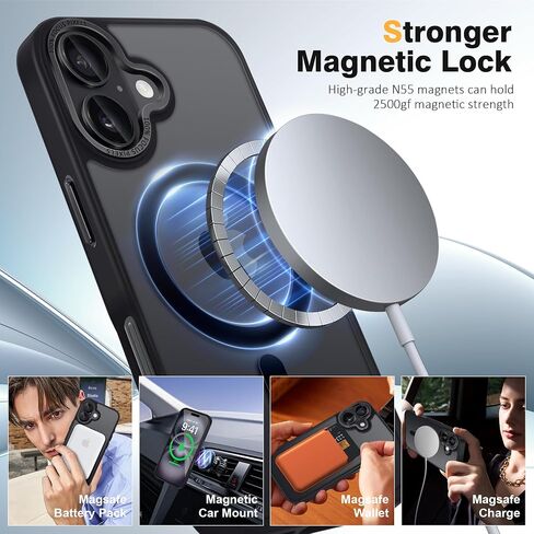 Strong Magnetic for iPhone 16 Plus Case, [Compatible with MagSafe] [with 1X Screen Protector] Military-Grade Protection, Translucent Matte Back Phone Cover for iPhone 16 Plus, Black in Saudi Arabia