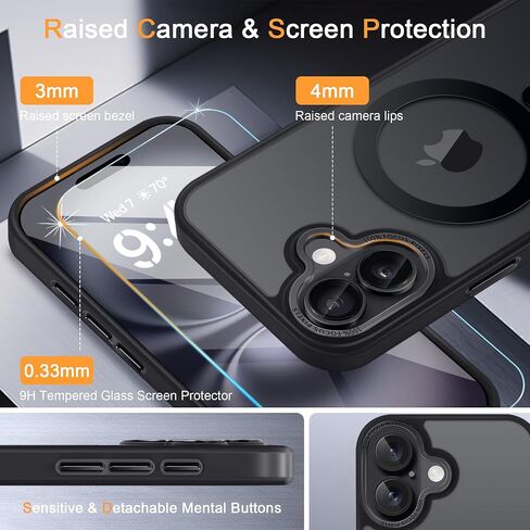 Strong Magnetic for iPhone 16 Plus Case, [Compatible with MagSafe] [with 1X Screen Protector] Military-Grade Protection, Translucent Matte Back Phone Cover for iPhone 16 Plus, Black in Saudi Arabia