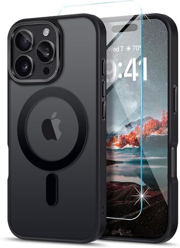 Strong Magnetic for iPhone 16 Plus Case, [Compatible with MagSafe] [with 1X Screen Protector] Military-Grade Protection, Translucent Matte Back Phone Cover for iPhone 16 Plus, Black in Saudi Arabia