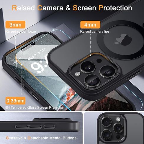 Strong Magnetic for iPhone 16 Plus Case, [Compatible with MagSafe] [with 1X Screen Protector] Military-Grade Protection, Translucent Matte Back Phone Cover for iPhone 16 Plus, Black in Saudi Arabia