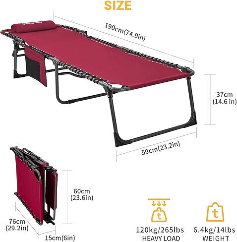 كرسي صالة KingCamp المحمول قابل للطي بأربعة أضعاف، سرير تخييم قابل للتعديل مع جيب وسادة، خفيف الوزن وشديد التحمل للحديقة، ساحة الحديقة، حمامات الشمس in Kuwait