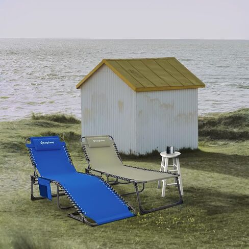 KingCamp Portable Lounge Chair 4-Fold Folding Camping Cot Adjustable Patio Reclining with Pillow Pocket Lightweight Heavy Duty for Garden Yard Lawn Sunbathing in Saudi Arabia