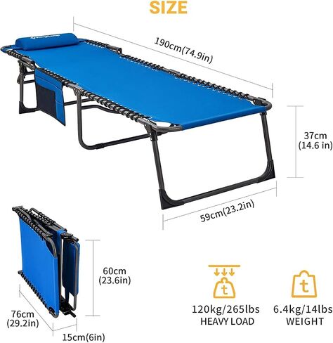 KingCamp Portable Lounge Chair 4-Fold Folding Camping Cot Adjustable Patio Reclining with Pillow Pocket Lightweight Heavy Duty for Garden Yard Lawn Sunbathing in Saudi Arabia