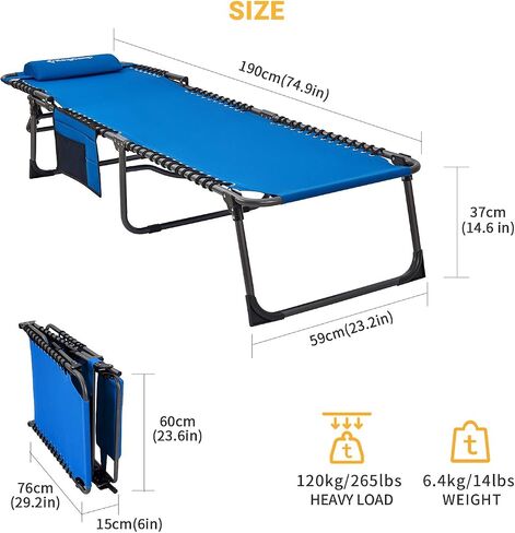 KingCamp Portable Lounge Chair 4-Fold Folding Camping Cot Adjustable Patio Reclining with Pillow Pocket Lightweight Heavy Duty for Garden Yard Lawn Sunbathing in Saudi Arabia