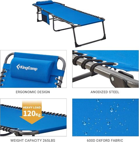 KingCamp Portable Lounge Chair 4-Fold Folding Camping Cot Adjustable Patio Reclining with Pillow Pocket Lightweight Heavy Duty for Garden Yard Lawn Sunbathing in Saudi Arabia