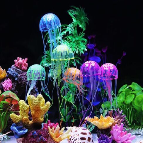 ديكورات حوض السمك، 6 قطع ديكور لقنديل البحر الملون، ديكورات قنديل البحر من السيليكون ذات تأثير مضيء، سمكة جيلي عائمة لإكسسوارات حوض أسماك البيتا وديكورات حوض السمك in Kuwait