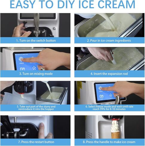 Commercial Ice Cream Maker Mchine, 7 Inch LCD Touch Screen 4.2 to 4.7 Gal/H Soft Serve Machine with Pre-cooling frequency conversion,1050W Soft Serve Ice Cream Machine With 1.6 Gal Tank in Saudi Arabia