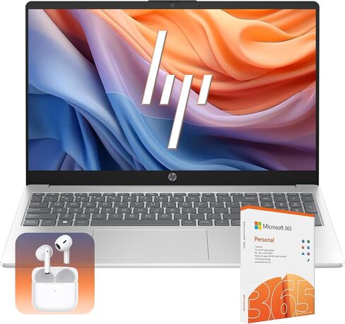 HP Laptop with 1-Year Microsoft 365 & Wireless Buds| 15.6 inch HD Display| Intel Quad-Core Processor| HDMI| USB-C| Windows 11 H (Silver, 32GB RAM | 128GB SSD | 128GB External Drive) in Saudi Arabia