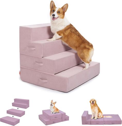 Multi-Function Pet Steps for Small & Medium Dogs, Extra-Wide (28") for Stability, Adjustable Heights for High Beds & Sofas, High-Density Foam, DIY into Various Dog Bed Sizes, 4 Steps, Blue Bird. in Saudi Arabia