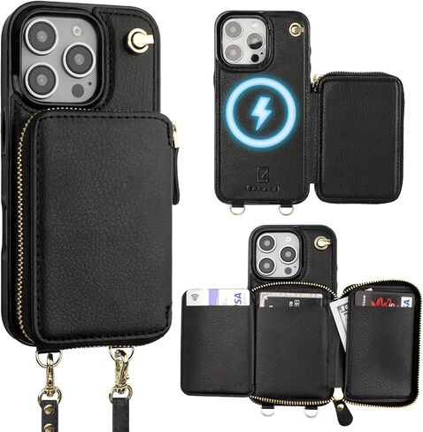 Bocasal for MagSafe Crossbody Wallet Case Compatible with iPhone 16 Pro, RFID Blocking Protective Purse Case with Card Slots Holder Kickstand Wrist Strap Lanyard Zipper 6.3 Inch 5G (Black) in Kuwait