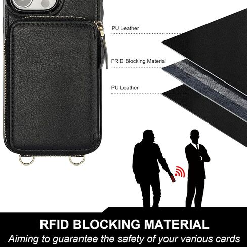 Bocasal for MagSafe Crossbody Wallet Case Compatible with iPhone 16 Pro, RFID Blocking Protective Purse Case with Card Slots Holder Kickstand Wrist Strap Lanyard Zipper 6.3 Inch 5G (Black) in Kuwait