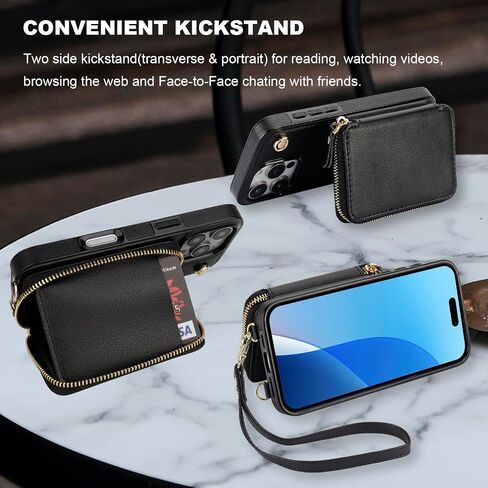 Bocasal for MagSafe Crossbody Wallet Case Compatible with iPhone 16 Pro, RFID Blocking Protective Purse Case with Card Slots Holder Kickstand Wrist Strap Lanyard Zipper 6.3 Inch 5G (Black) in Kuwait