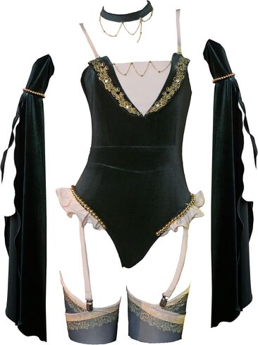 Women Medieval One Piece Bodysuit Top Corset Velvet Leotard Costume with Stockings Choker Halloween in Saudi Arabia