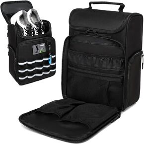Golf Shoe Bag Holds A Pair of Shoes US Mens 14 | Large Shoe Carrier Travel Organizer with Ventilation & Multiple Outside Pockets (Black)