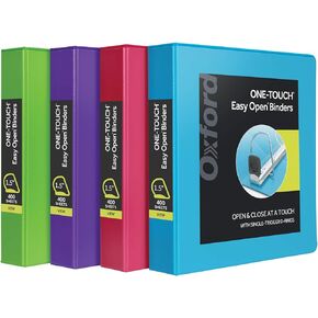 Oxford 3 Ring Binders, 1.5 Inch ONE-Touch Easy Open D Rings, 3-Sided View Binder Covers, Xtralife Hinge, Non-Stick, PVC-Free, Assorted Colors, 375-Sheet Capacity, 4 Pack (79908)