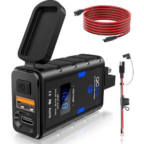 RANDPOW Motorcycle Phone Charger, 6.4A Dual USB Quick Charge 3.0 Type C PD Motorcycle USB Charger with ON/Off Switch, Waterproof Quick Disconnect SAE to USB Adapter for Phone - Blue
