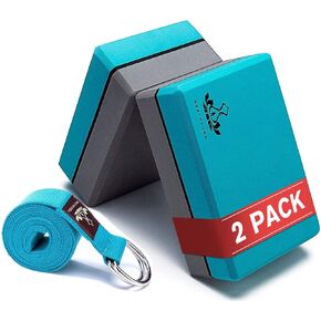 Heathyoga Yoga Blocks 2 Pack with Strap, High Density EVA Foam Yoga Block and Yoga Strap Set to Support and Improve Poses and Flexibility