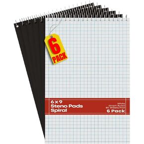 1InTheOffice Steno Pads Spiral 6x9 Quad Ruled, Graphing Paper Notebook Spiral, Top Bound, Graph Ruled, White, 80 Sheets, (6 Pads/Pack)