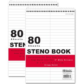 BAZIC 80 Sheets 6" X 9" White Paper Gregg Ruled Steno Book, Lined Ruled Memo Writing Papers Pad Notebook, Note Paper for Taking Notes, Easy Tear for Office School Home, 1-Pack