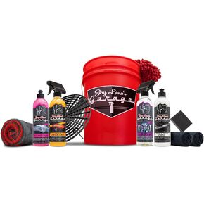 Jay Leno's Garage Car Essential Detailing Bucket Kit - Sprays, Liquids, Microfiber Towels, Applicators and Wash Mitt