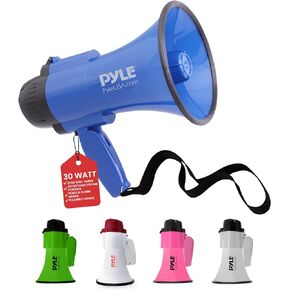 Pyle Compact Battery-Operated Megaphone with Siren - 30 Watt Power, Microphone, 2 Modes, PA Sound, Bullhorn, Foldable Handle for Cheerleading, Police Use (Blue)