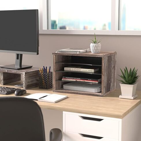 J JACKCUBE DESIGN Rustic Wood Desk Organizer 4 Compartment Paper File Holder for Home and Office, Document Storage, File sorter, Mail and Letter Tray- MK560A in Saudi Arabia
