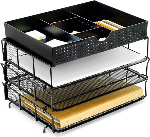 CAXXA 3 Trays Stackable Mesh Letter Tray, Desk File Organizer, Desktop Paper Tray Holder with Drawer, Black in Kuwait