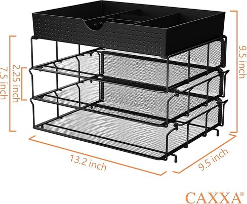 CAXXA 3 Trays Stackable Mesh Letter Tray, Desk File Organizer, Desktop Paper Tray Holder with Drawer, Black in Kuwait