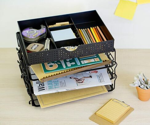 CAXXA 3 Trays Stackable Mesh Letter Tray, Desk File Organizer, Desktop Paper Tray Holder with Drawer, Black in Kuwait