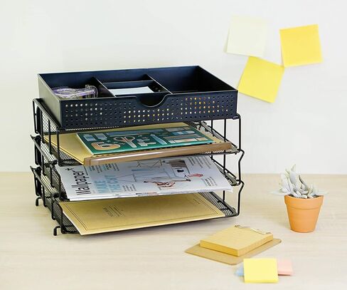 CAXXA 3 Trays Stackable Mesh Letter Tray, Desk File Organizer, Desktop Paper Tray Holder with Drawer, Black in Kuwait