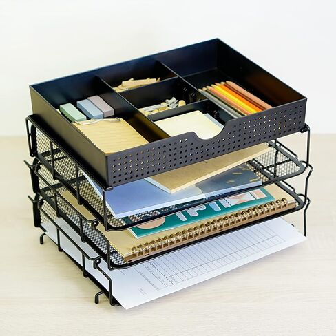 CAXXA 3 Trays Stackable Mesh Letter Tray, Desk File Organizer, Desktop Paper Tray Holder with Drawer, Black in Kuwait