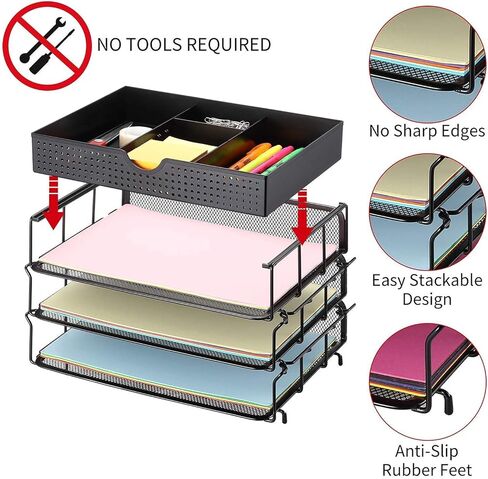 CAXXA 3 Trays Stackable Mesh Letter Tray, Desk File Organizer, Desktop Paper Tray Holder with Drawer, Black in Kuwait