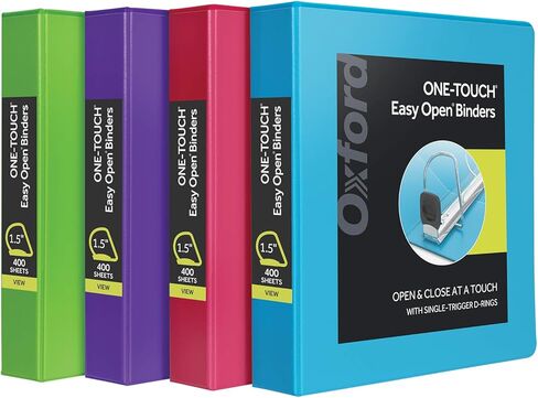 Oxford 3 Ring Binders, 1.5 Inch ONE-Touch Easy Open D Rings, 3-Sided View Binder Covers, Xtralife Hinge, Non-Stick, PVC-Free, Assorted Colors, 375-Sheet Capacity, 4 Pack (79908) in Saudi Arabia