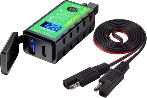 YONHAN Motorcycle USB Charger SAE to USB Adapter, Total 36W Dual USB Type C PD & Quick Charge 3.0 with Voltmeter & ON/Off Switch, 3 Install Options, for Smart Phone Tablet GPS in Kuwait