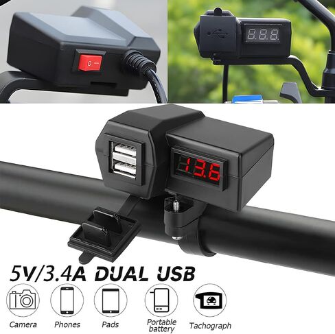 شاحن USB للدراجات النارية، شاحن USB مزدوج، مقود دراجة نارية مقاوم للماء ومشبك مرآة الرؤية الخلفية شاحن محول الطاقة، شاحن هاتف للهواتف الذكية in Saudi Arabia