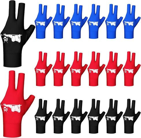 18 Pcs Billiard Pool Glove 3 Fingers Cue Sports Billiard Glove Breathable Universal Billiards Accessories for Women Men Right and Left Hand, Red Black Blue in Saudi Arabia