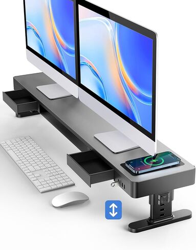 حامل شاشة مزدوج من Meatanty مع 4 ارتفاعات قابلة للتعديل، وسادة شحن تلقائية للهاتف، 4 منافذ USB، جهاز رفع الكمبيوتر مع تخزين الأدراج، جهاز رفع منظم معدني مزدوج للمكتب لشاشتين هدية in Saudi Arabia
