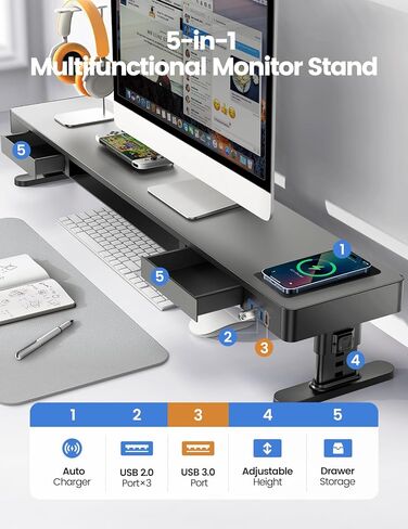 حامل شاشة مزدوج من Meatanty مع 4 ارتفاعات قابلة للتعديل، وسادة شحن تلقائية للهاتف، 4 منافذ USB، جهاز رفع الكمبيوتر مع تخزين الأدراج، جهاز رفع منظم معدني مزدوج للمكتب لشاشتين هدية in Saudi Arabia