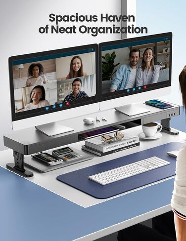 حامل شاشة مزدوج من Meatanty مع 4 ارتفاعات قابلة للتعديل، وسادة شحن تلقائية للهاتف، 4 منافذ USB، جهاز رفع الكمبيوتر مع تخزين الأدراج، جهاز رفع منظم معدني مزدوج للمكتب لشاشتين هدية in Saudi Arabia