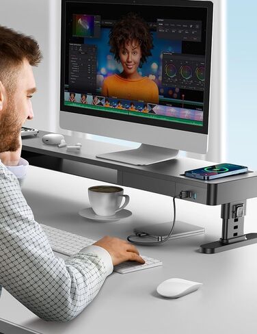 حامل شاشة مزدوج من Meatanty مع 4 ارتفاعات قابلة للتعديل، وسادة شحن تلقائية للهاتف، 4 منافذ USB، جهاز رفع الكمبيوتر مع تخزين الأدراج، جهاز رفع منظم معدني مزدوج للمكتب لشاشتين هدية in Saudi Arabia