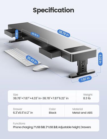 حامل شاشة مزدوج من Meatanty مع 4 ارتفاعات قابلة للتعديل، وسادة شحن تلقائية للهاتف، 4 منافذ USB، جهاز رفع الكمبيوتر مع تخزين الأدراج، جهاز رفع منظم معدني مزدوج للمكتب لشاشتين هدية in Saudi Arabia