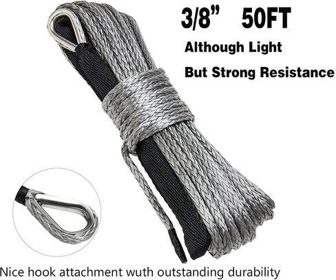 3/8" x 50ft Synthetic Winch Rope with Protective Sleeve for 4WD and Off-Road Vehicles (Grey) in Saudi Arabia