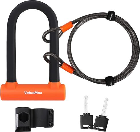 قفل على شكل حرف U للدراجة من ValueMax مع كابل، قفل على شكل حرف U للدراجة شديد التحمل، وقيد 16 مم وكابل أمان بطول 6 أقدام مع دعامة تثبيت قوية ومفاتيح للدراجات in Kuwait