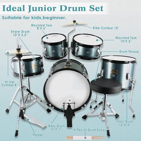 EASTROCK Kids Drum Set, 5-Piece 16 Inches Junior Drum Sets for Kids, Drummer, Beginner Youth Drumset for 7-12 Years Old with Throne,Cymbal,Pedal,Drumsticks (Black) in Saudi Arabia