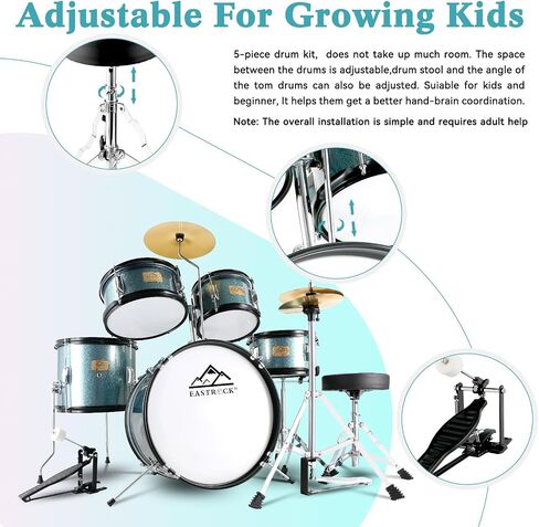 EASTROCK Kids Drum Set, 5-Piece 16 Inches Junior Drum Sets for Kids, Drummer, Beginner Youth Drumset for 7-12 Years Old with Throne,Cymbal,Pedal,Drumsticks (Black) in Saudi Arabia