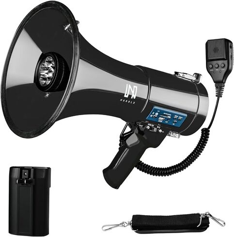 50w Megaphone with LED, Siren Alarm, 240s Recording & USB/3.5mm AUX/Bluetooth Input - Rechargeable Battery, for Police, Cheerleading, Outdoor(Black) in Kuwait